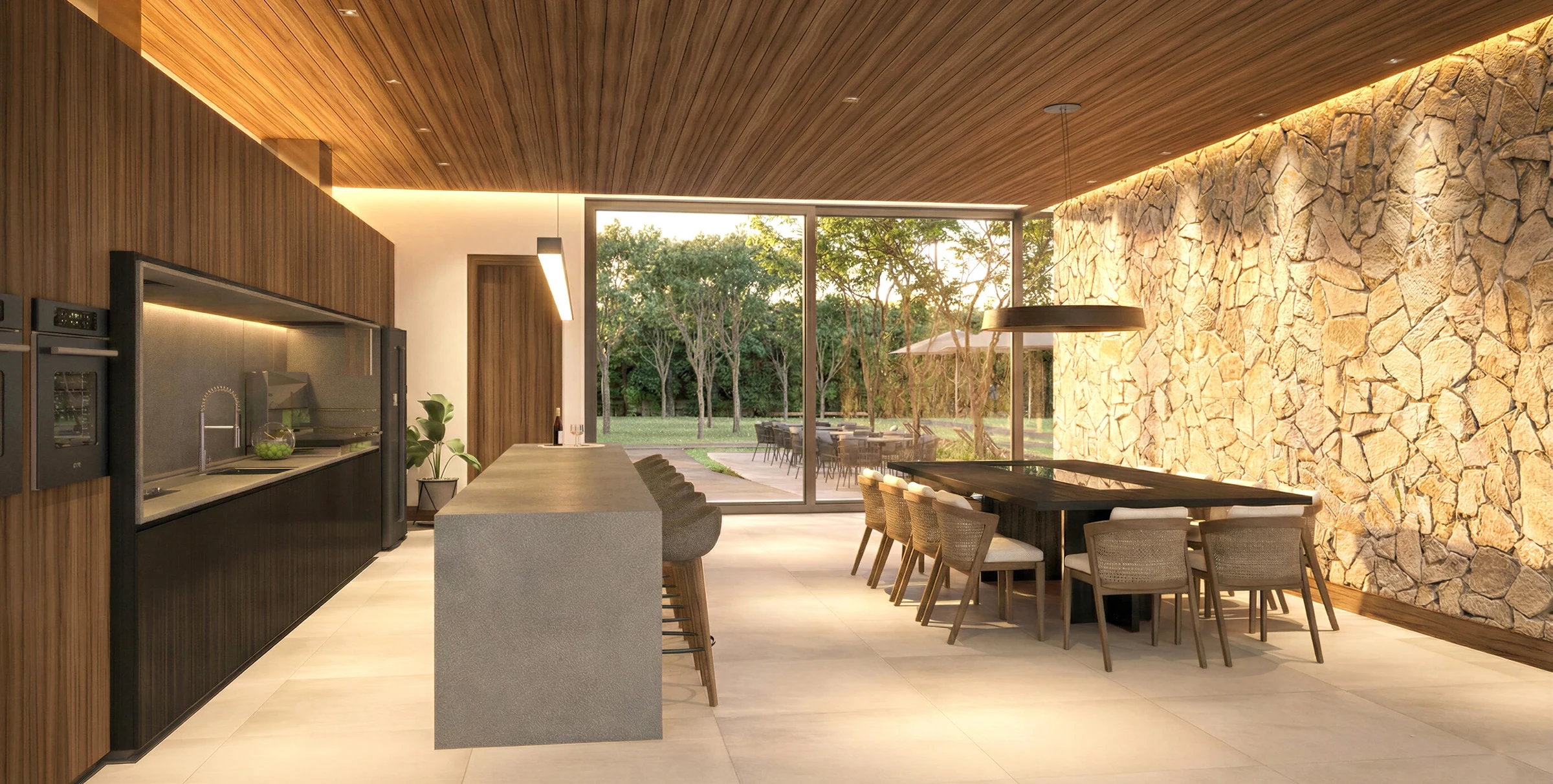 Perspectiva do salão gourmet do residencial
